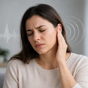 Femme les yeux fermés, une main sur l'oreille, gênée par des acouphènes