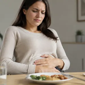 Femme à table, les mains sur le ventre après le repas