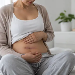 Femme assise sur un lit, les mains autour d'une cicatrice sur le ventre