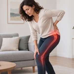 Femme penchée en avant, une main sur la hanche et l'autre sur la cuisse