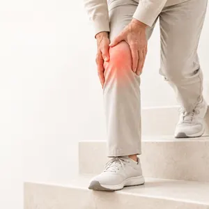 Personne qui monte un escalier en tenant son genou