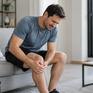 Homme en tenue de sport, assis, les mains sur le genou