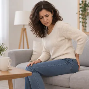 Femme assise au bord du canapé, une main sur le bas du dos