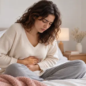 Femme recroquevillée sur son lit, les mains sur le ventre