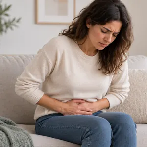 Femme assise sur un canapé, les mains sur le bas-ventre