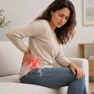 Femme assise, la main sur le bas du dos, d'un seul côté