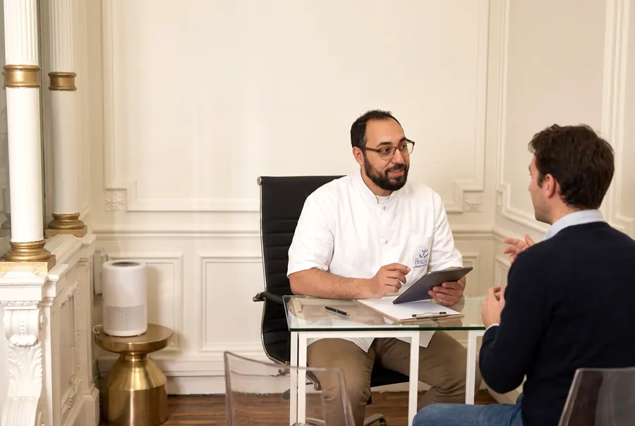 L'échange du début de séance : Hosam ASSAL écoute un patient et prend des notes