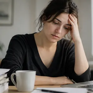 Femme fatiguée à son bureau, la tête appuyée sur la main