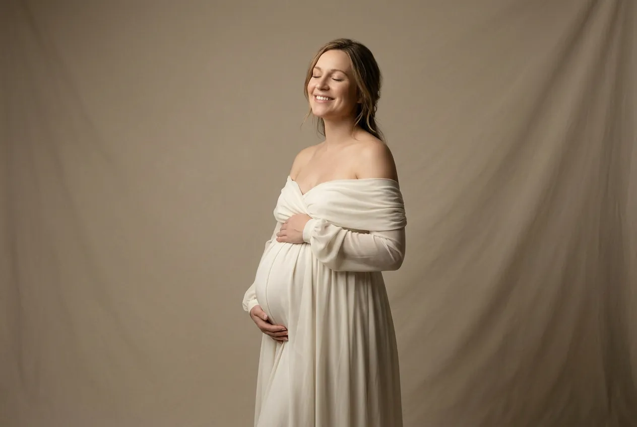Une future maman sourit, les mains posées sur son ventre