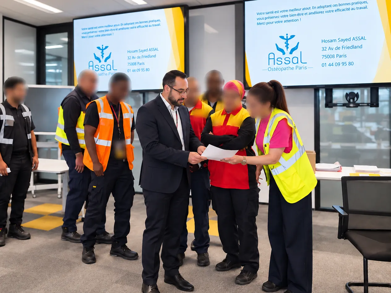 Hosam ASSAL échange avec une équipe de logistique en tenue de travail, pendant une formation gestes et postures