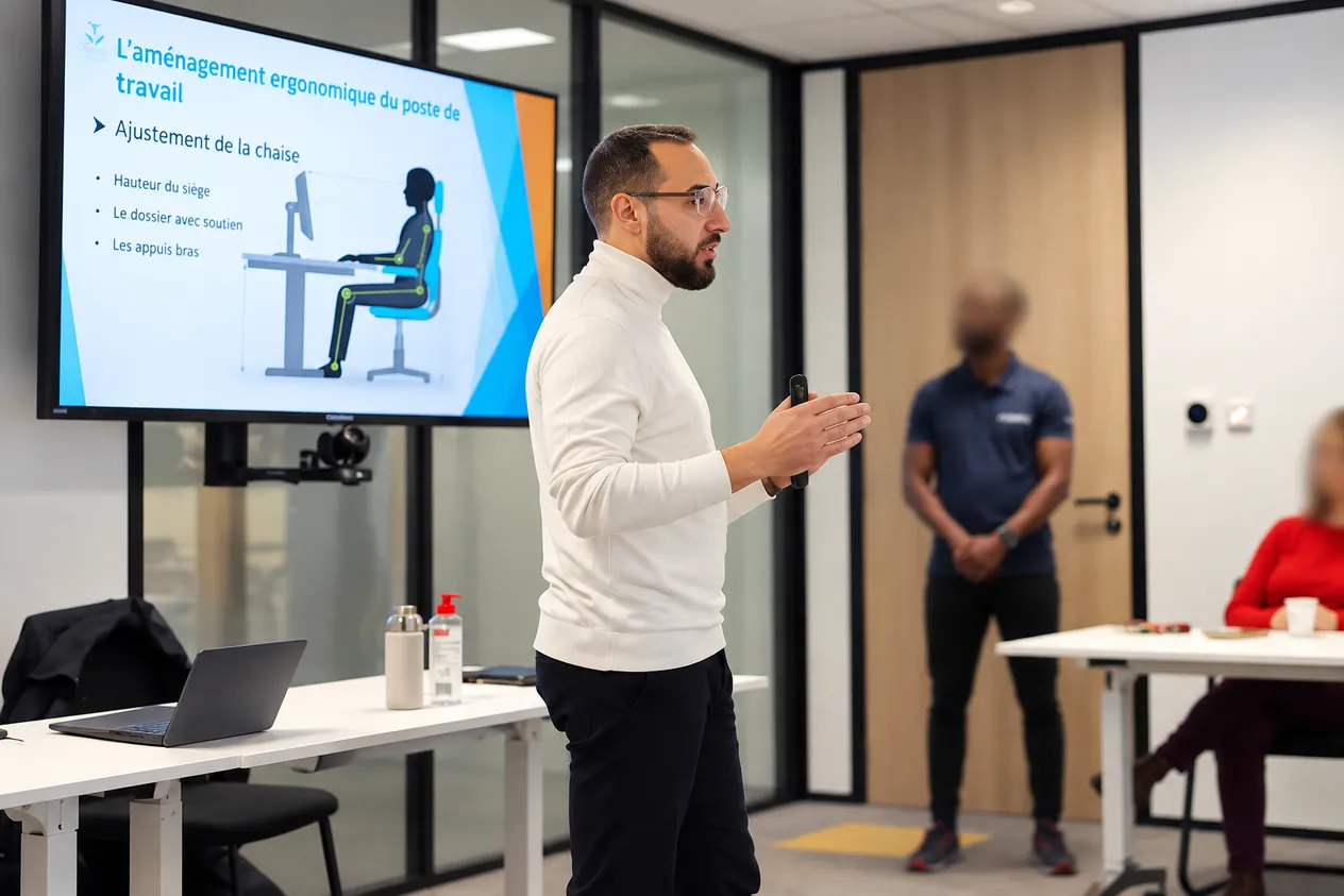 Hosam ASSAL présente l'aménagement ergonomique du poste de travail pendant une formation en entreprise