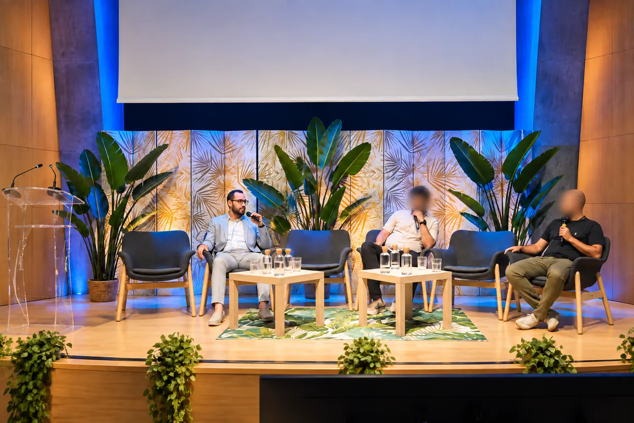 Hosam ASSAL, micro en main, sur scène lors d'une table ronde avec deux autres intervenants