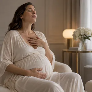 Femme enceinte assise, une main sur la poitrine, qui respire profondément