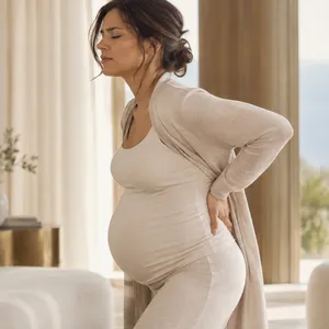 Femme enceinte légèrement penchée, la main au creux des reins