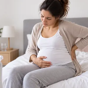 Femme enceinte assise sur un lit, une main sur le ventre et l'autre dans le dos