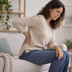 Femme assise sur un canapé, courbée, la main sur les lombaires