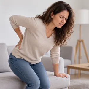 Femme qui se relève du canapé en se tenant le bas du dos