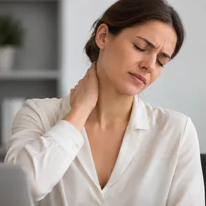 Femme assise, la main sur la nuque, gênée par une douleur au cou