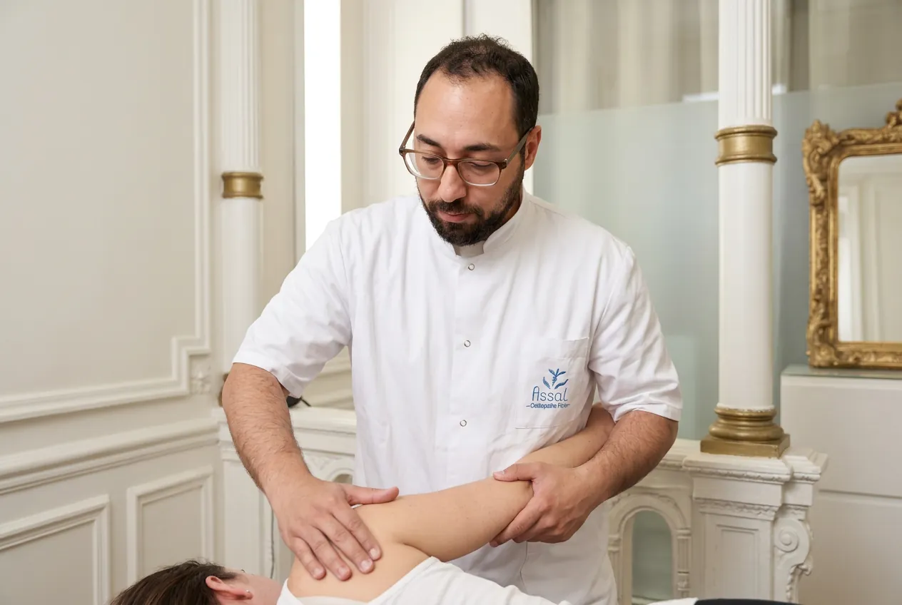 Hosam ASSAL, ostéopathe D.O., pendant le test clinique d'une patiente allongée, dans son cabinet