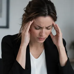 Femme les mains sur les tempes, en pleine migraine