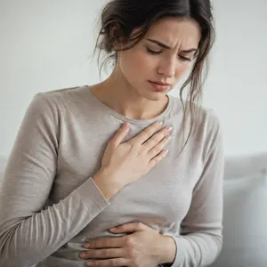 Femme assise, une main sur la poitrine et l'autre sur le ventre