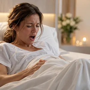 Femme en plein accouchement, allongée, le visage crispé par l'effort