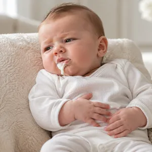 Bébé assis qui régurgite un peu de lait, les mains sur le ventre