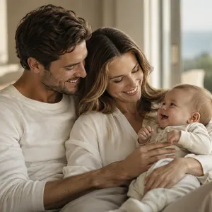 Couple souriant sur un canapé avec leur bébé