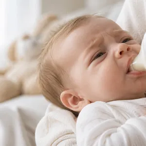 Bébé qui boit au biberon, le visage crispé