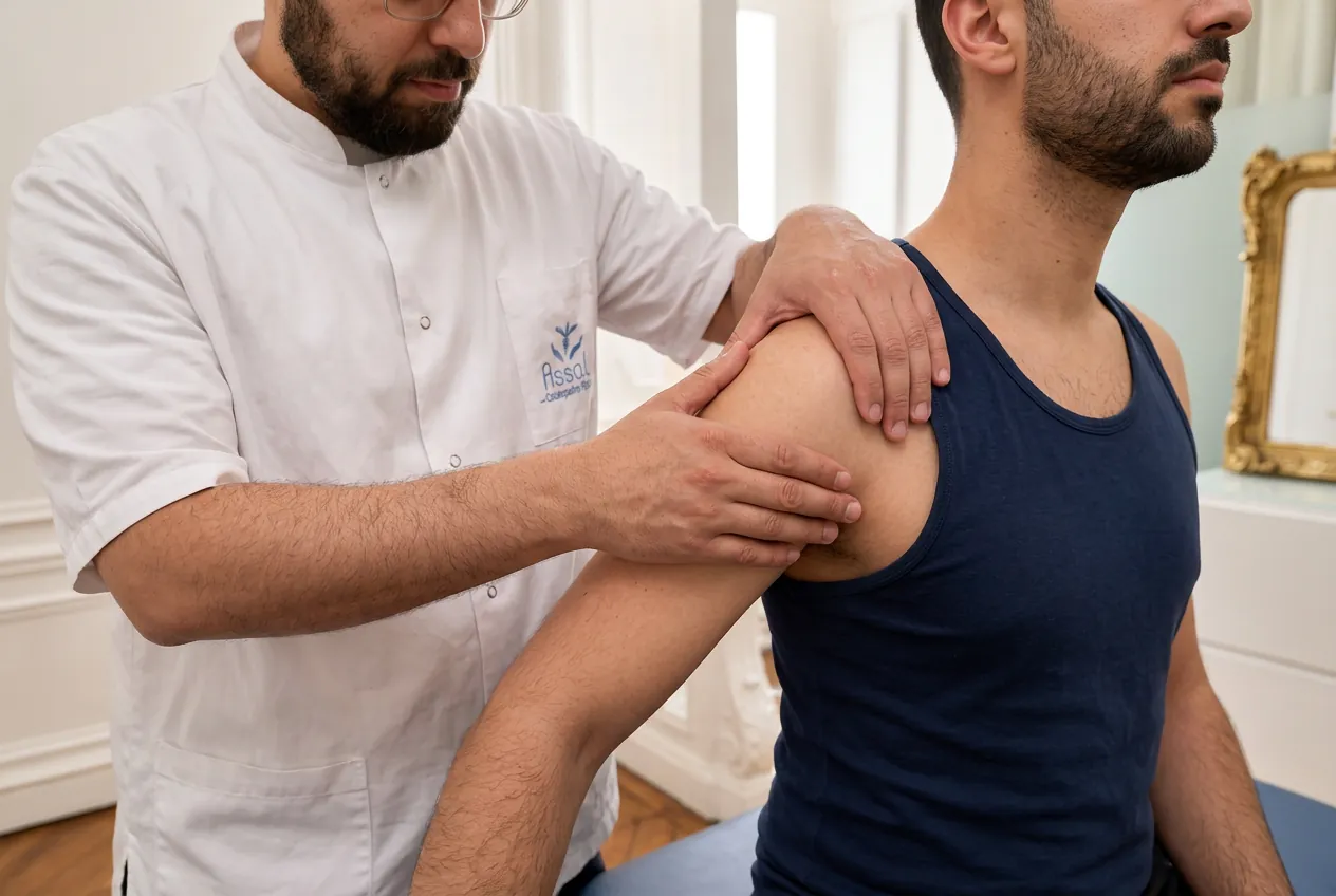 Hosam ASSAL mobilise l'épaule d'un patient assis