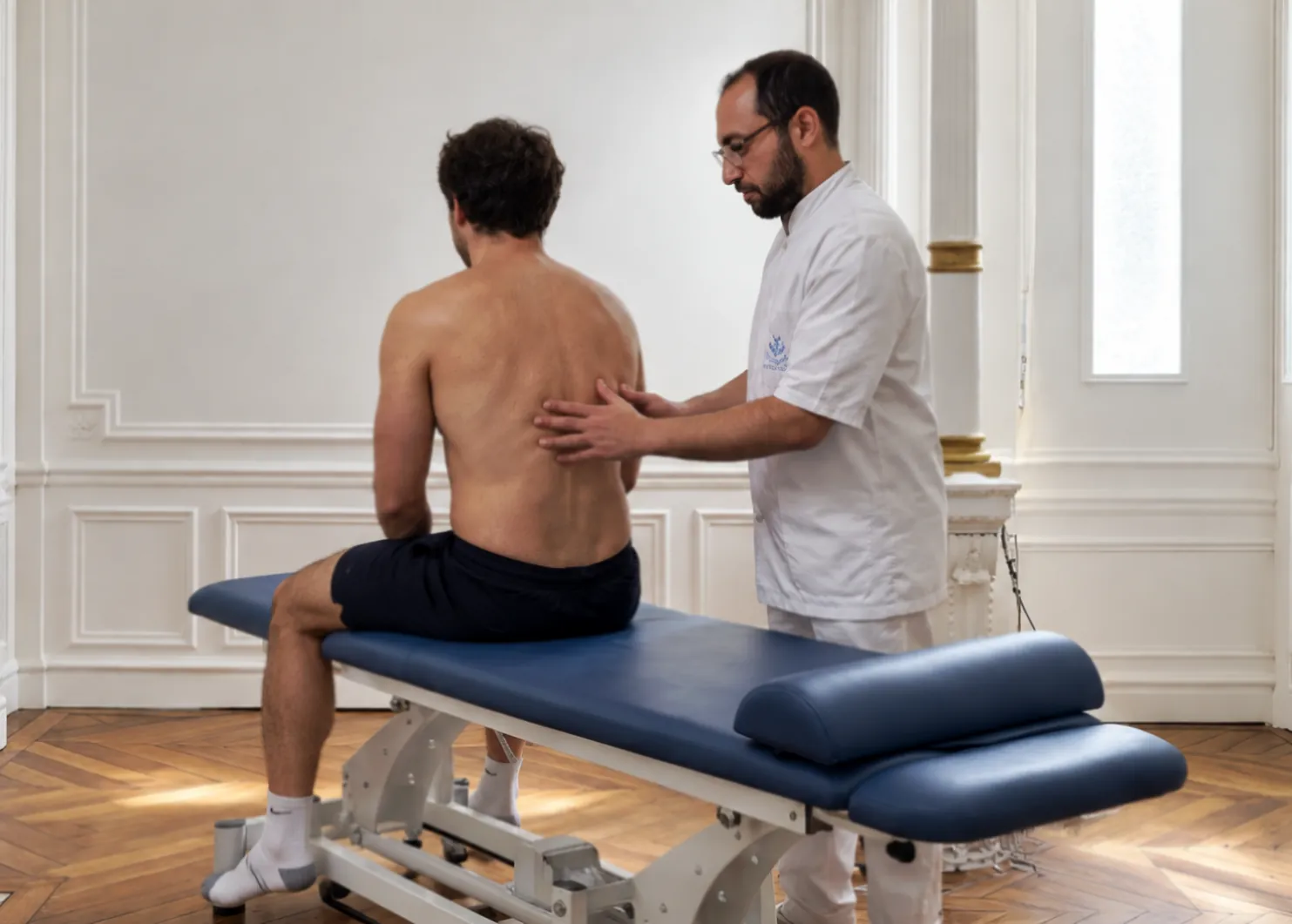 Hosam ASSAL, ostéopathe D.O., examine le haut du dos d'un patient assis sur la table de soin