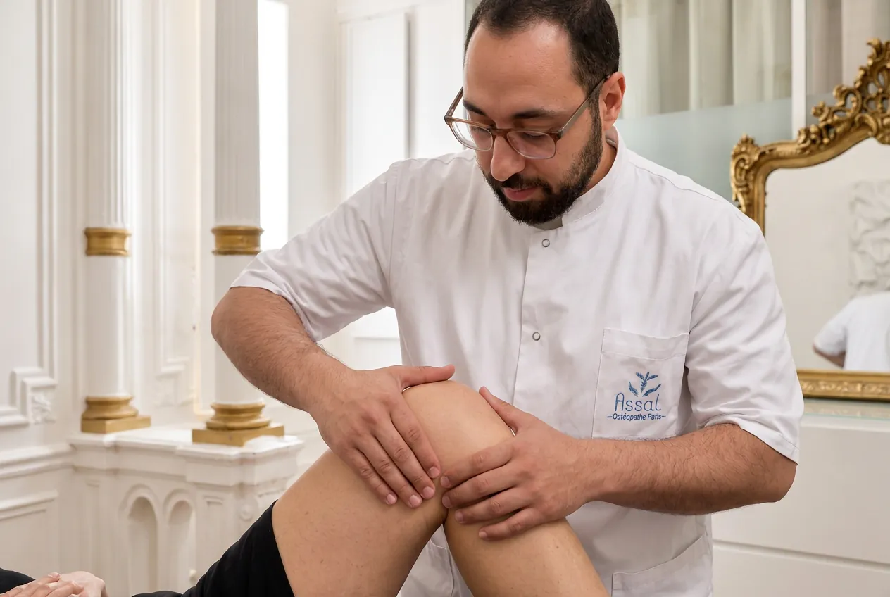 Hosam ASSAL, les mains autour du genou d'un patient allongé