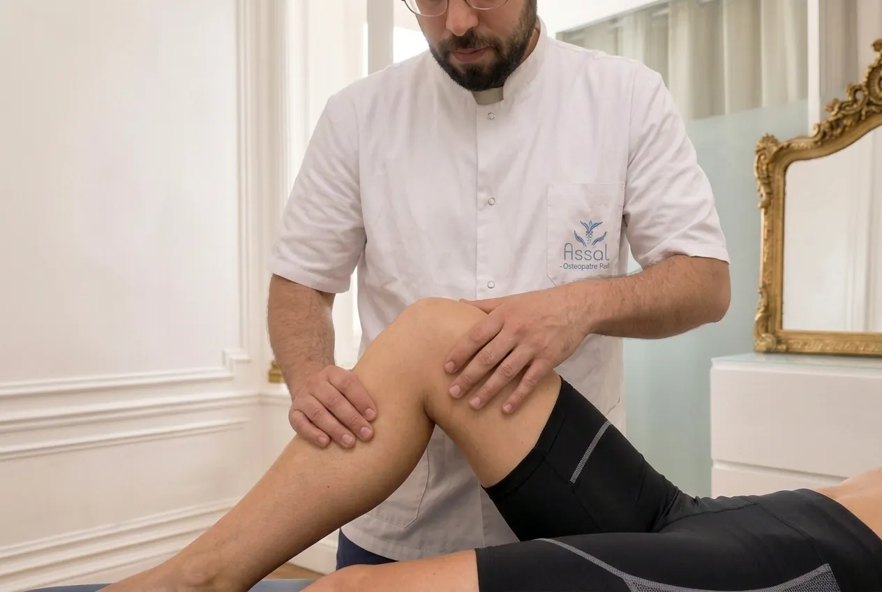 Les mains de l'ostéopathe autour du genou d'une sportive