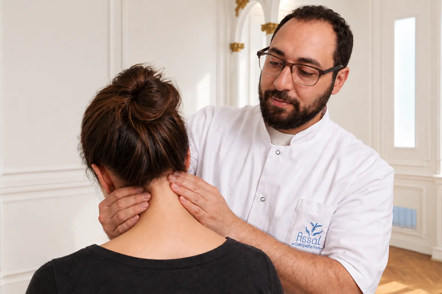 Hosam ASSAL, ostéopathe D.O., palpe la nuque d'une patiente assise, en consultation