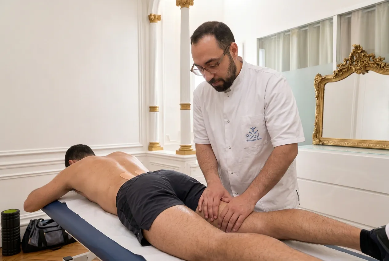 Hosam ASSAL traite l'arrière de la cuisse d'un sportif allongé sur le ventre