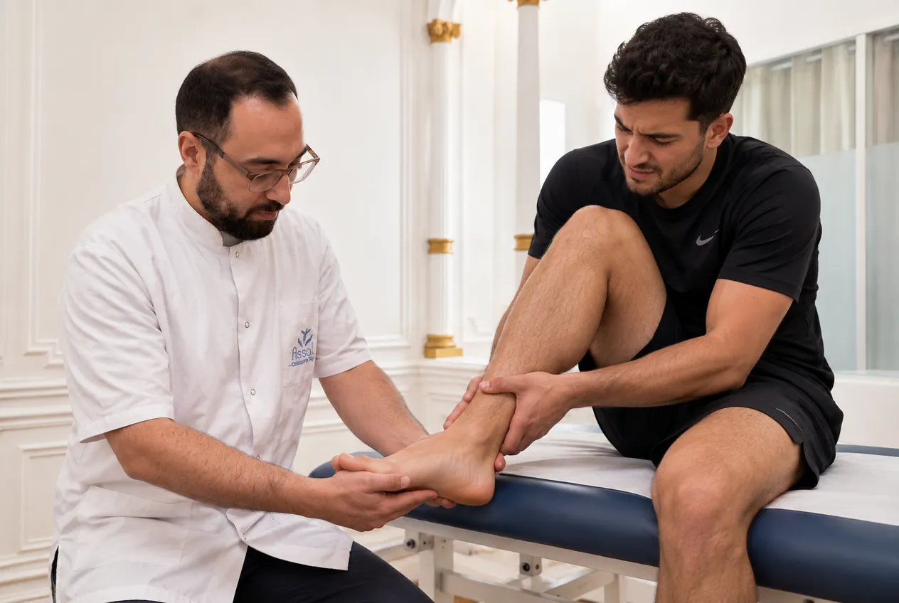 Hosam ASSAL examine le pied et la cheville d'un sportif assis sur la table