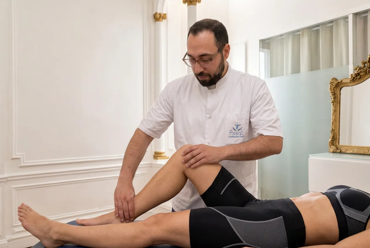 Hosam ASSAL, ostéopathe D.O., examine le genou d'une sportive allongée