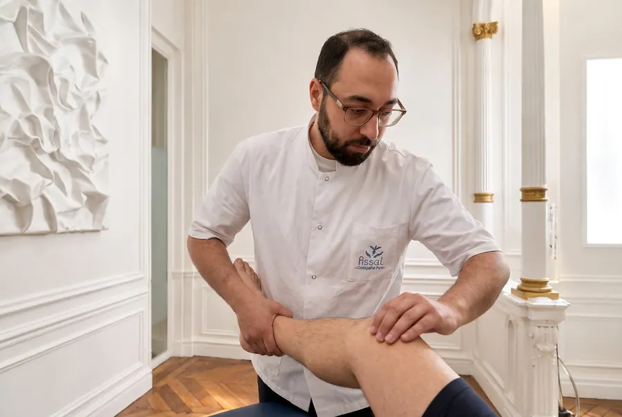 Hosam ASSAL teste la mobilité de la jambe d'un patient allongé