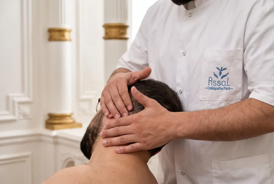 Les mains de l'ostéopathe posées sur la tête d'un patient assis