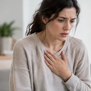 Femme inquiète, la main sur la poitrine