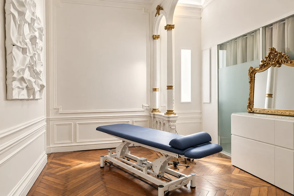 La salle de consultation du cabinet de Paris 8, moulures et parquet à chevrons