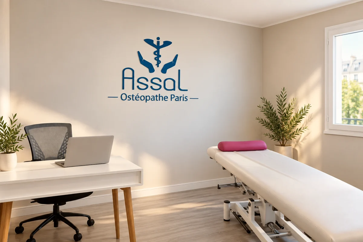 La salle de consultation du cabinet de Vitry-sur-Seine, avec le logo ASSAL au mur