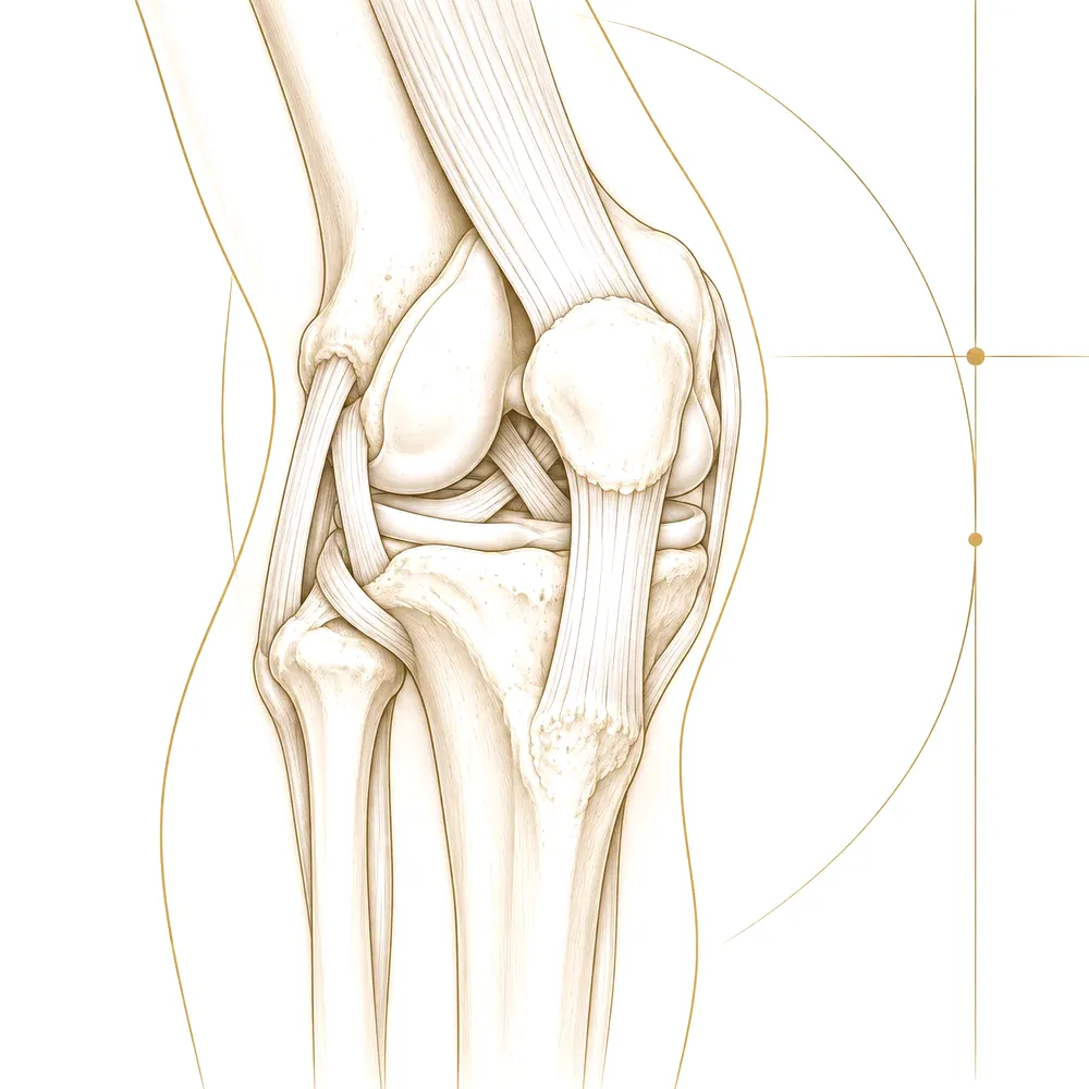 Planche anatomique du genou, avec ses tendons, ménisques et ligaments