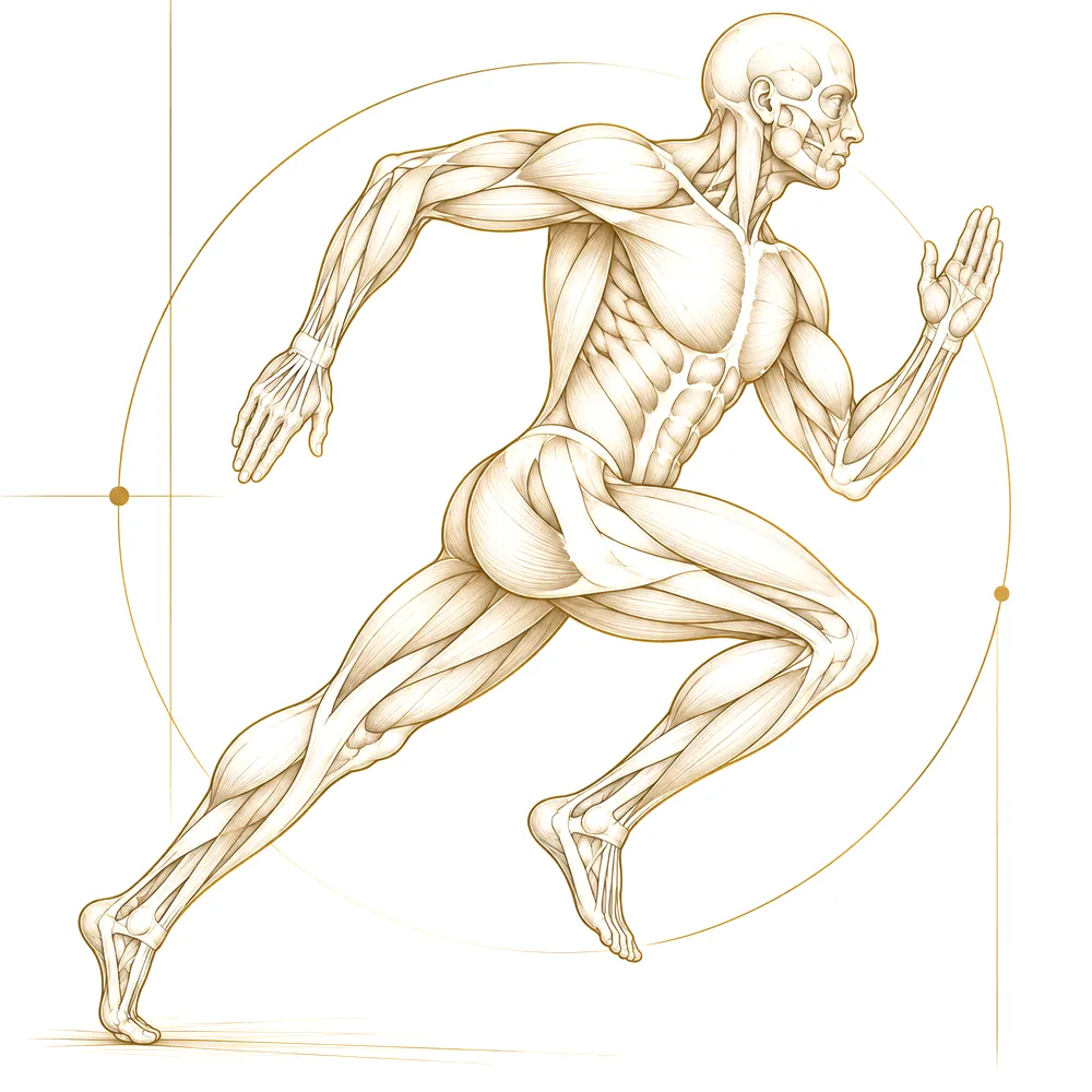 Planche anatomique d'un coureur en pleine foulée, muscles apparents