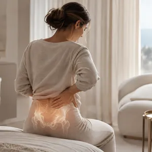 Jeune mère assise près du berceau, les mains sur le bas du dos, le bassin souligné en lumière
