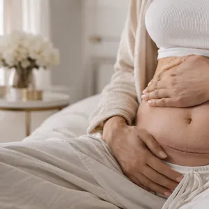 Ventre de femme avec une cicatrice de césarienne, ses mains posées dessus