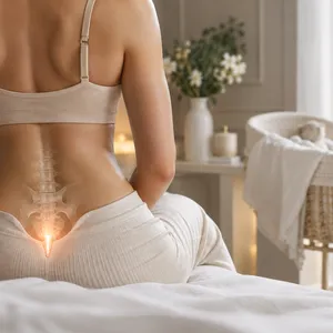 Femme assise vue de dos, le coccyx souligné en lumière, un berceau à côté
