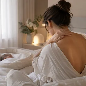 Jeune mère vue de dos, une main sur la nuque, près du berceau