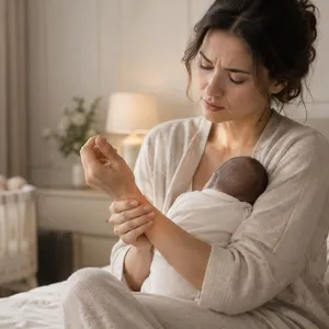 Jeune mère qui tient son bébé et se masse le poignet