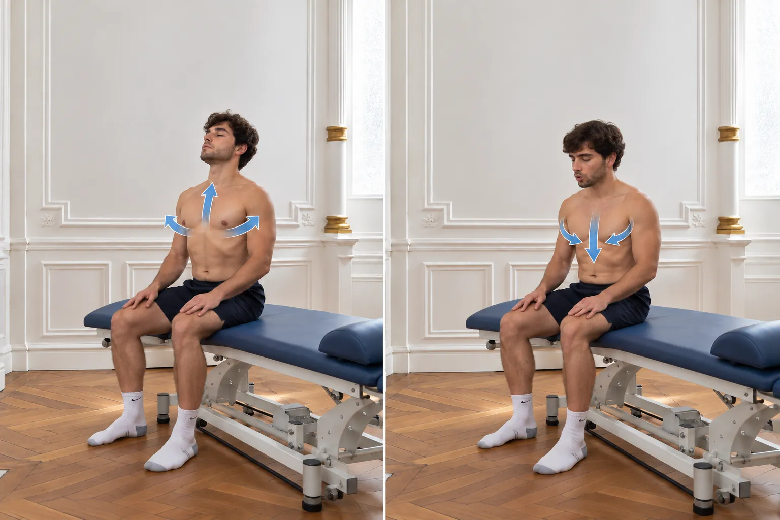 Un patient assis sur la table de soin, en deux temps : l'inspiration puis l'expiration, le mouvement du thorax indiqué par des flèches